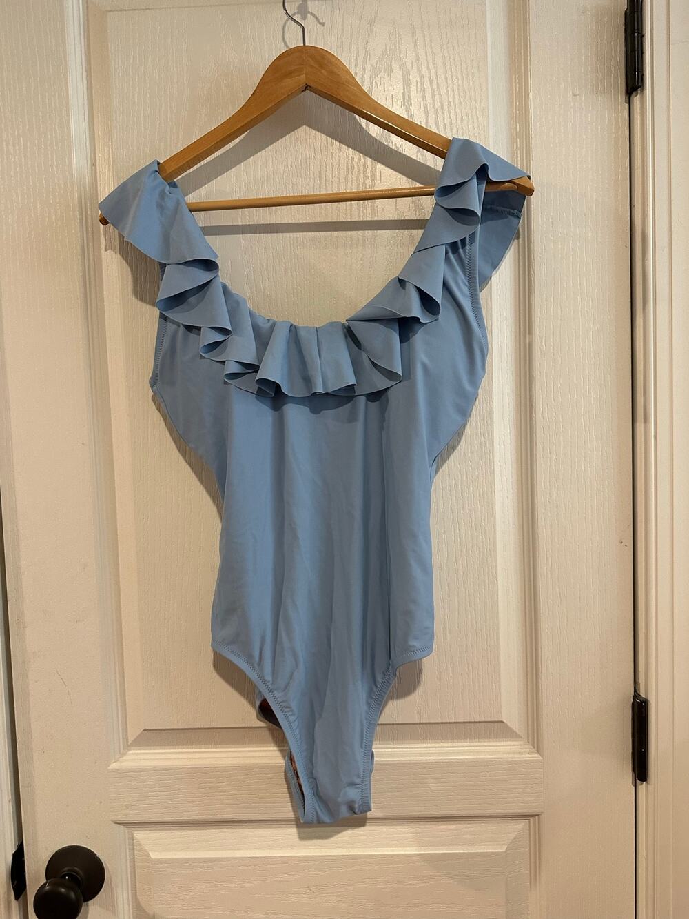New With Tags J. Crew Blue one piece swimsuit size 8 ruffle shoulder